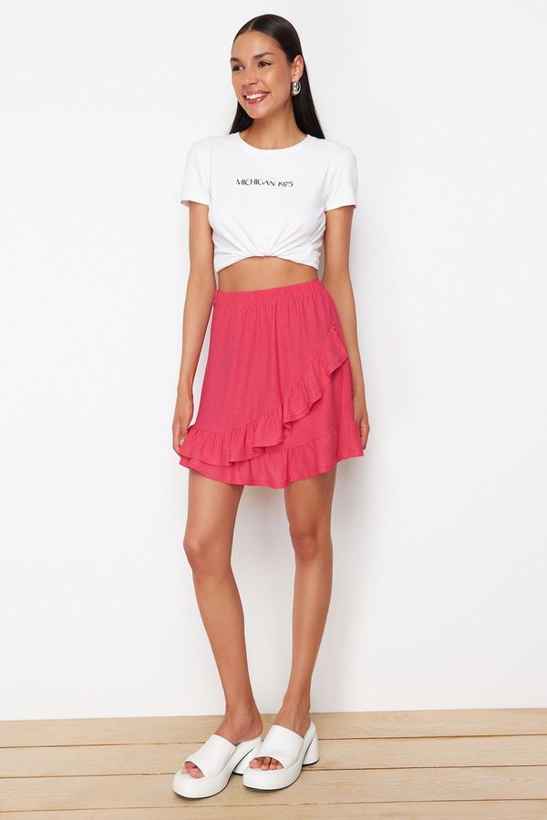 Trendyol Trendyol Fuchsia Textured Asymmetric Ruffle Detailed Elastic Waist Flexible Mini Knitted Skirt