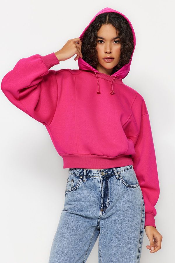 Trendyol Trendyol Fuchsia Thick Fleece Inner Parachute Hoodie. Relaxed Cut Crop Knitted Sweatshirt