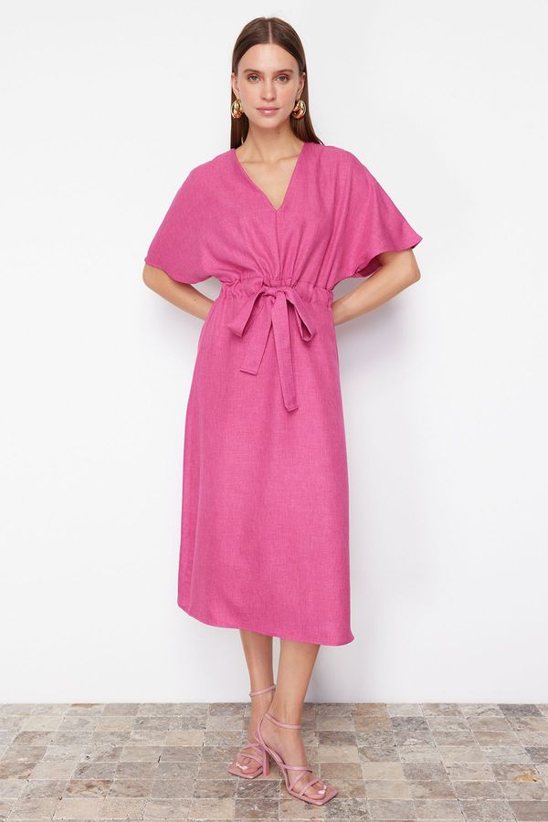 Trendyol Trendyol Fuchsia Tie Detailed A-Line V-Neck Midi Woven Dress