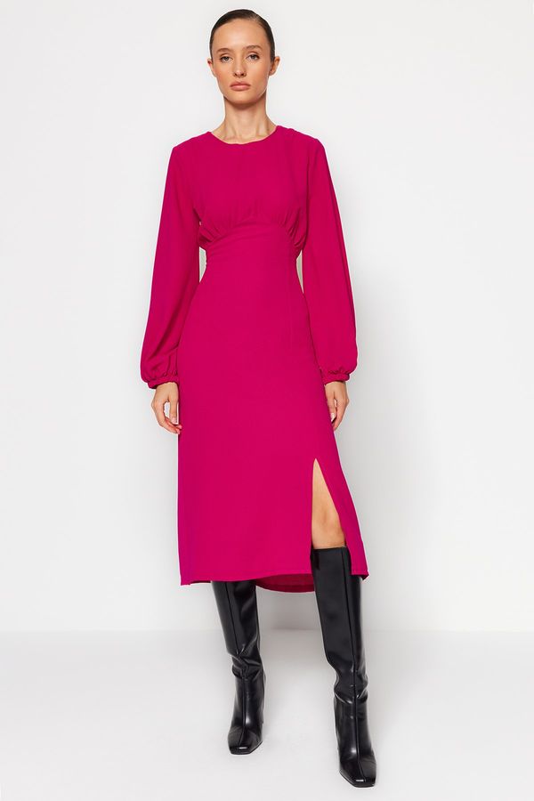 Trendyol Trendyol Fuchsia Waist Midi Voluminous Sleeve Detailed Woven Dress