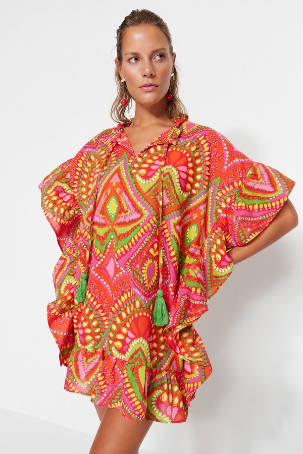 Trendyol Trendyol Geometric Pattern, Wide Fit Mini Woven Tassels 100% Cotton Beach Dress
