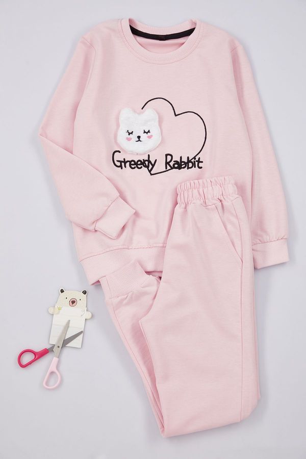 Trendyol Trendyol Girl Pink Cat Patterned Pajama Set Knitted Top-Bottom Set