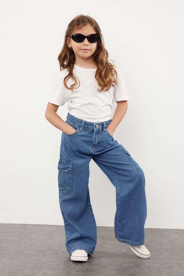 Trendyol Trendyol Girl's Dark Blue Wide Leg Cargo Pocket Denim Trousers Jean
