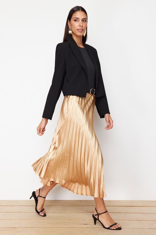 Trendyol Trendyol Gold Pleated Satin Fabric Maxi Length Woven Skirt