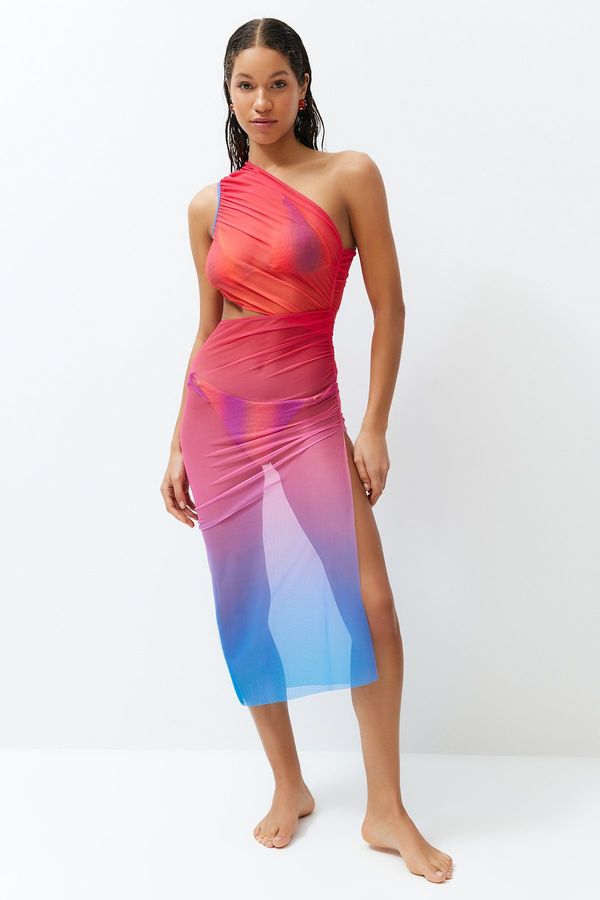 Trendyol Trendyol Gradient Patterned Fitted Maxi Knitted Cut Out/Window Mesh One Shoulder Beach Dress