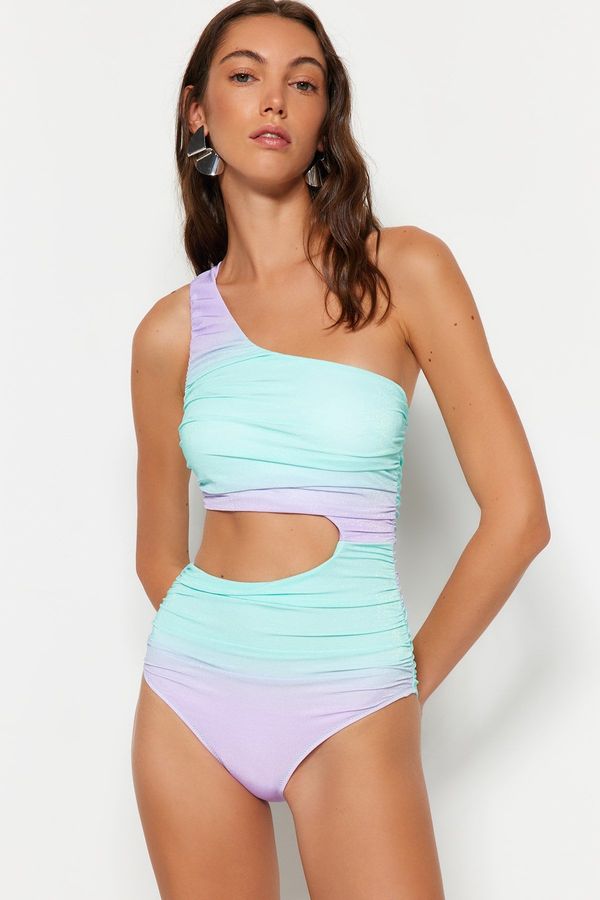 Trendyol Trendyol Gradient Patterned One-Shoulder Draped High Leg Regular Swimsuit