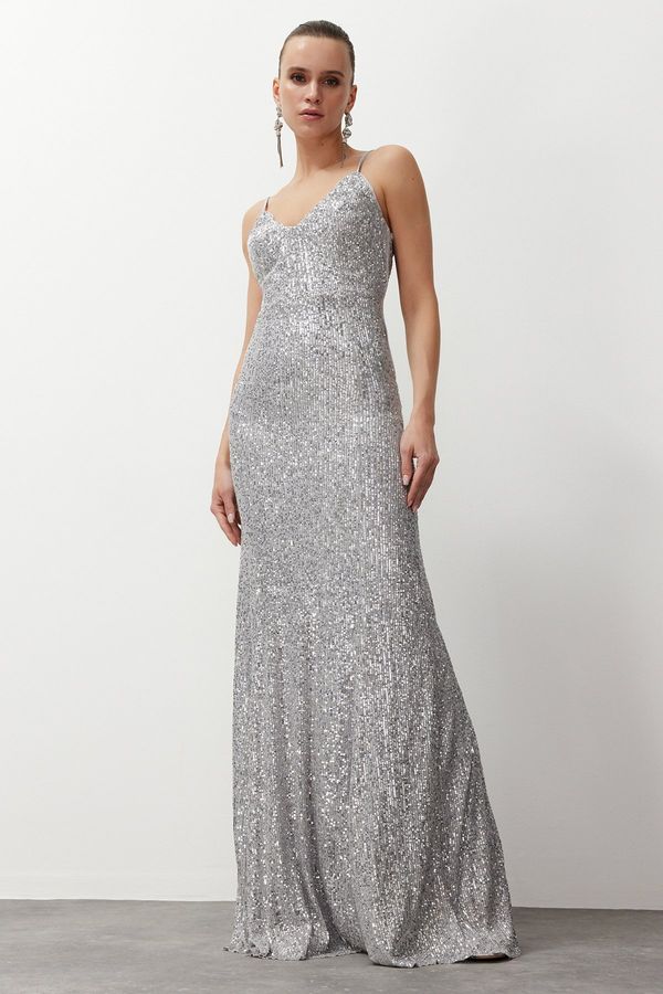 Trendyol Trendyol Gray A-Cut Knitted Sequin Long Evening Evening Dress