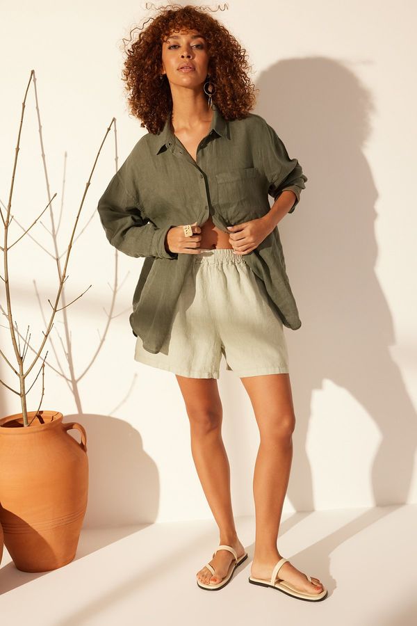 Trendyol Trendyol Gray &100 Linen Elastic Waist High Waist Shorts