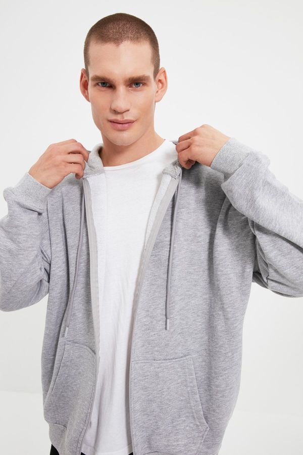 Trendyol Trendyol Gray Basic Oversize/Wide Cut Zippered Hooded Thick Sweatshirt-Cardigan