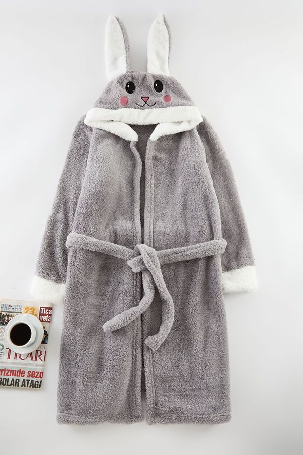 Trendyol Trendyol Gray Belted Animal Figured Hooded Wellsoft Winter Knitted Dressing Gown