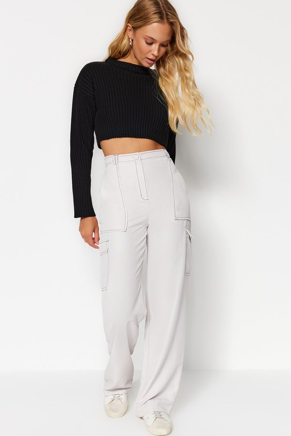 Trendyol Trendyol Gray Cargo Wide Leg Woven Trousers with Contrast Stitching Detail