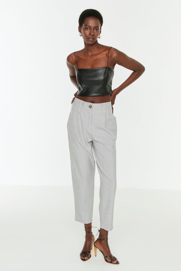 Trendyol Trendyol Gray Carrot High Waist Polyviscon Woven Trousers