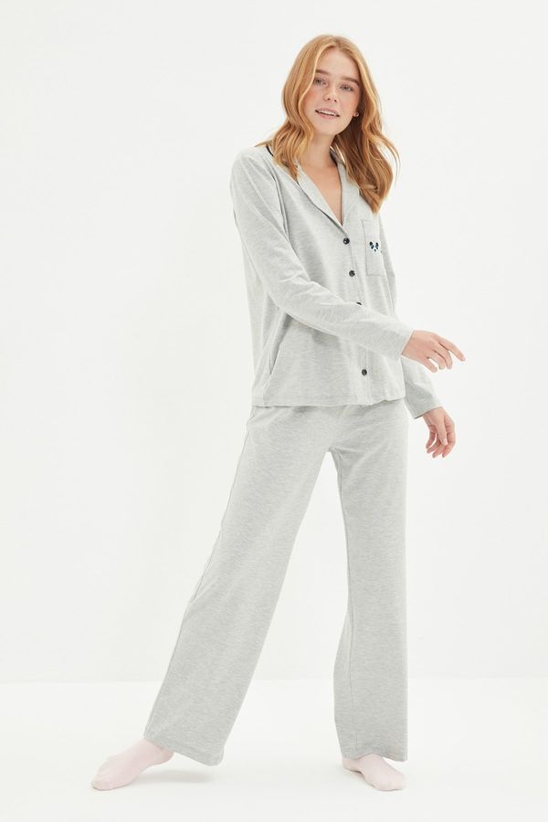 Trendyol Trendyol Gray Cotton Embroidered Knitted Pajama Set