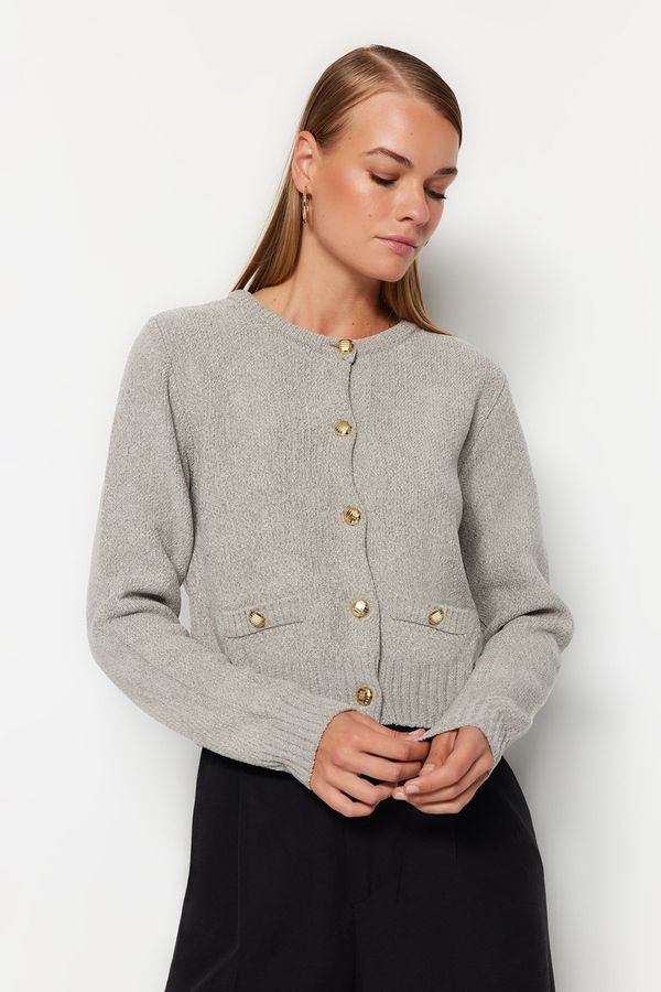 Trendyol Trendyol Gray Crop Premium Yarn/Special Yarn Pocket Detailed Jacket-Look Knitwear Cardigan