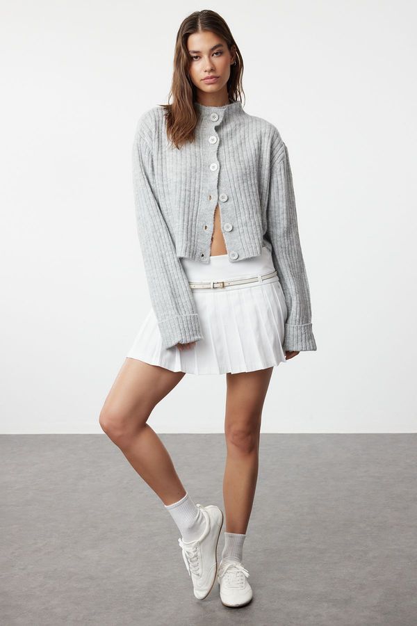 Trendyol Trendyol Gray Crop Soft Textured Stand Collar Knitwear Cardigan
