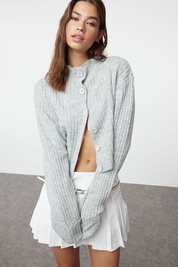 Trendyol Trendyol Gray Crop Soft Textured Stand Collar Knitwear Cardigan