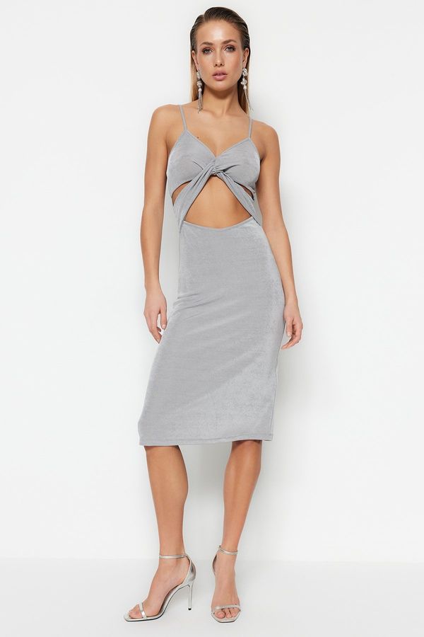 Trendyol Trendyol Gray Fitted Evening Dress with Window/Cut Out Detailed in Knitting
