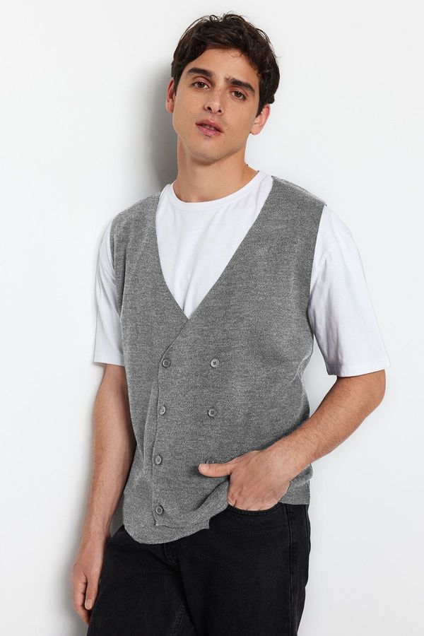 Trendyol Trendyol Gray FL Men's Slim V-Neck Plain Knitwear Vest