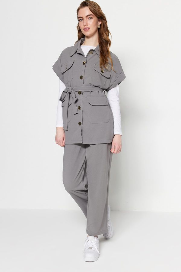Trendyol Trendyol Gray Gold Buttoned Vest-Pants Knitted Suit