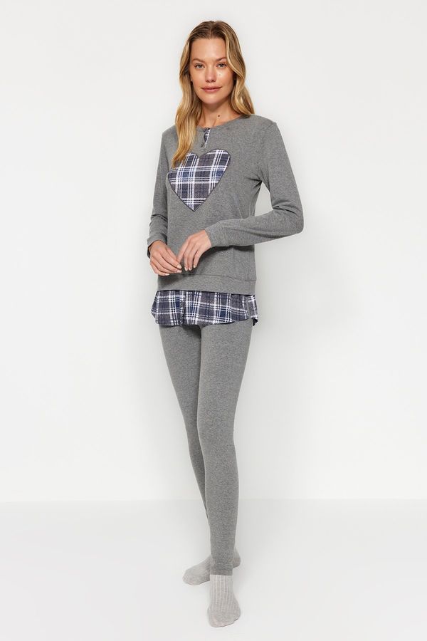 Trendyol Trendyol Gray Heart Printed Tshirt-Leggings, Knitted Pajamas Set