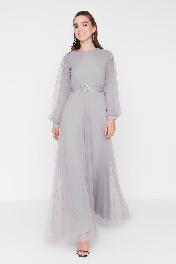 Trendyol Trendyol Gray Hijab Evening Dress With Belt Detail On The Waist