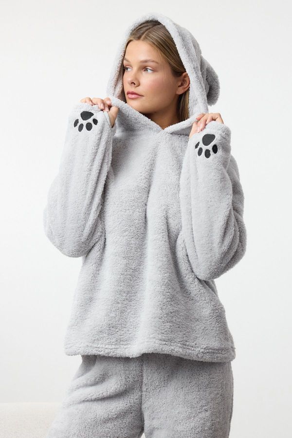 Trendyol Trendyol Gray Hooded and Embroidered Wellsoft Winter Knitted Pajama Set