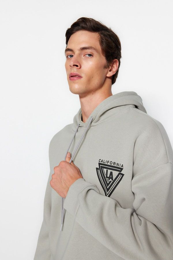 Trendyol Trendyol Gray Hooded Oversize/Wide Cut College Printed Cotton Fleece Sweatshirt