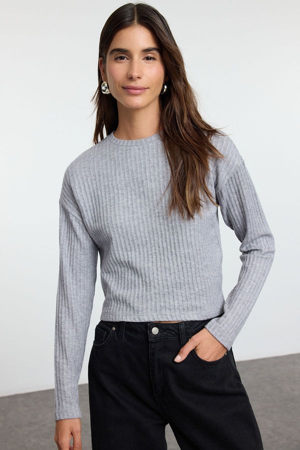 Trendyol Trendyol Gray Knitwear Look Crew Neck Relaxed Crop Knitted Blouse