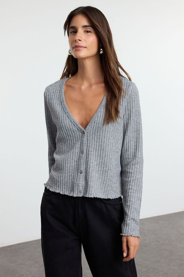 Trendyol Trendyol Gray Knitwear Look V Neck Buttoned Regular Pattern Knitted Blouse