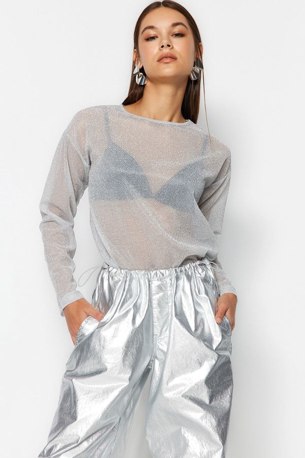 Trendyol Trendyol Gray Lurex Crew Neck Regular/Normal Fit Transparent Tulle Knitted Blouse