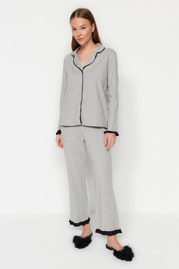 Trendyol Trendyol Gray Melange 100% Cotton Ruffled Pijama Shirt-Pants Knitted Pajama Set