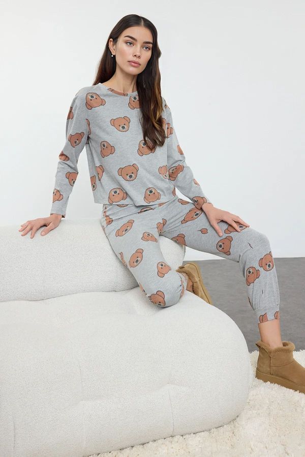 Trendyol Trendyol Gray Melange 100% Cotton Teddy Bear Patterned Knitted Pajama Set