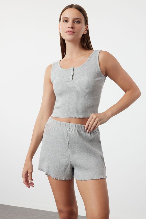 Trendyol Trendyol Gray Melange Button Detailed Corded Cotton Undershirt-Shorts Knitted Pajama Set