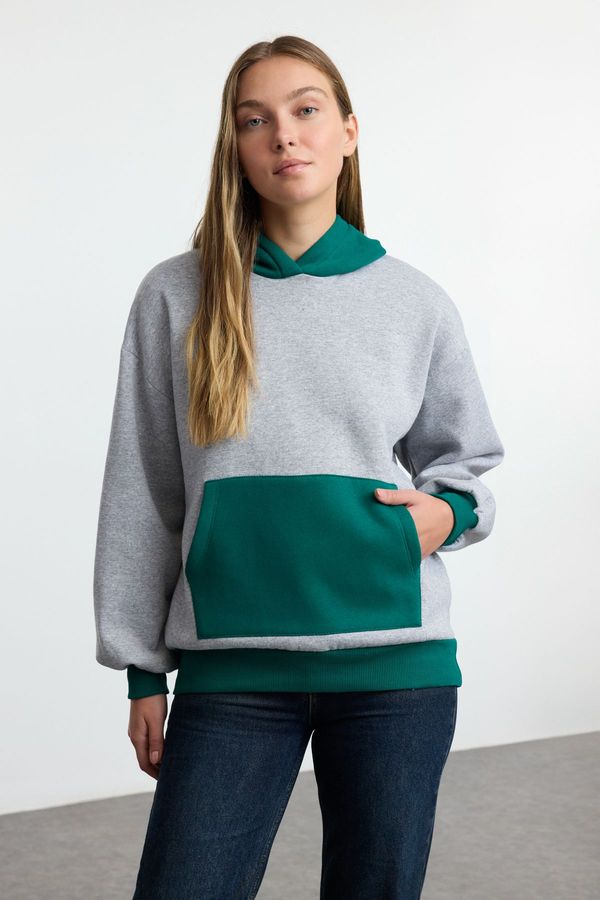 Trendyol Trendyol Gray Melange Color Blocked Oversize/Wide Collar Thick Inside Fleece Knitted Sweatshirt