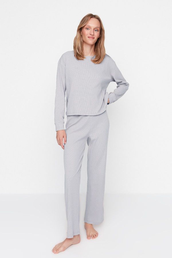 Trendyol Trendyol Gray Melange Corded Knitted Pajama Set