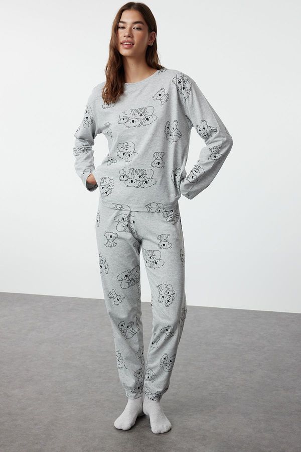 Trendyol Trendyol Gray Melange Cotton Animal Pattern Knitted Pajama Set