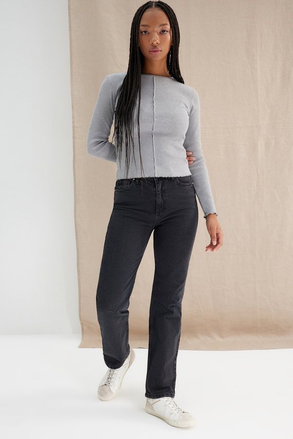 Trendyol Trendyol Gray Melange More Sustainable Corduroy Fitted/Simple Knitted Blouse with Stitching