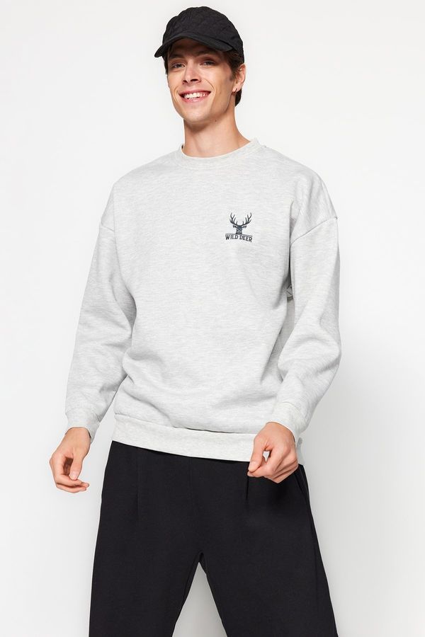 Trendyol Trendyol Gray Melange Oversize/Wide Cut Long Sleeve Animal Embroidery Sweatshirt