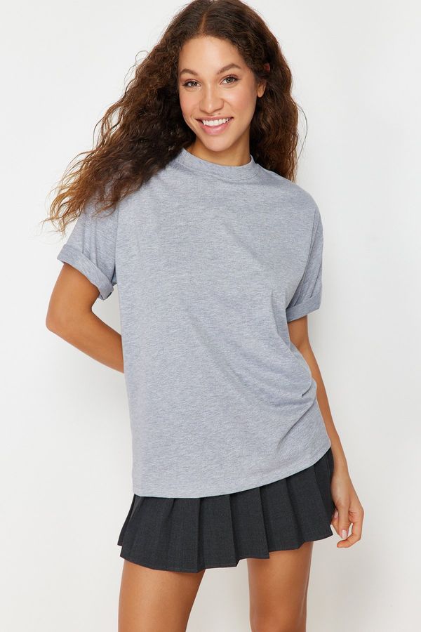Trendyol Trendyol Gray Melange Premium Oversize/Wide Fit Crew Neck Knitted T-Shirt