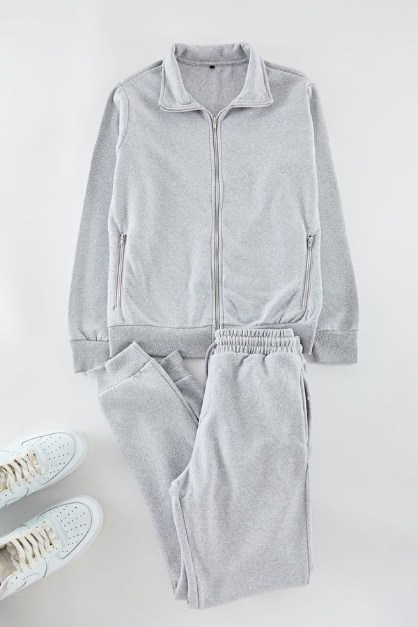 Trendyol Trendyol Gray Melange Regular Cut Zippered Basic Tracksuit Set