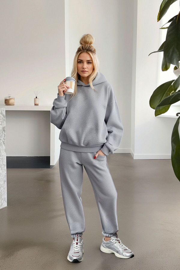 Trendyol Trendyol Gray Melange Thick Fleece Hooded Oversize/Comfortable Cut Knitted Tracksuit Set