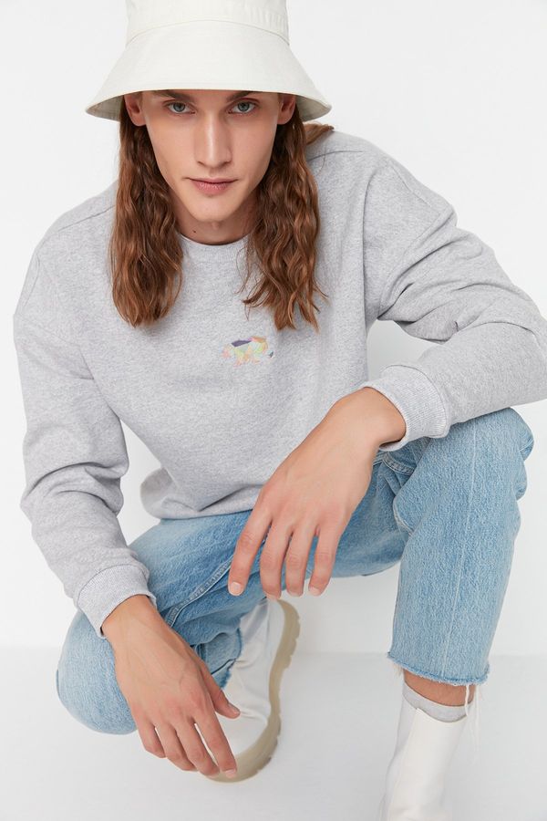 Trendyol Trendyol Gray Men's Oversize/Wide Cut Crew Neck Animal Embroidery Sweatshirt
