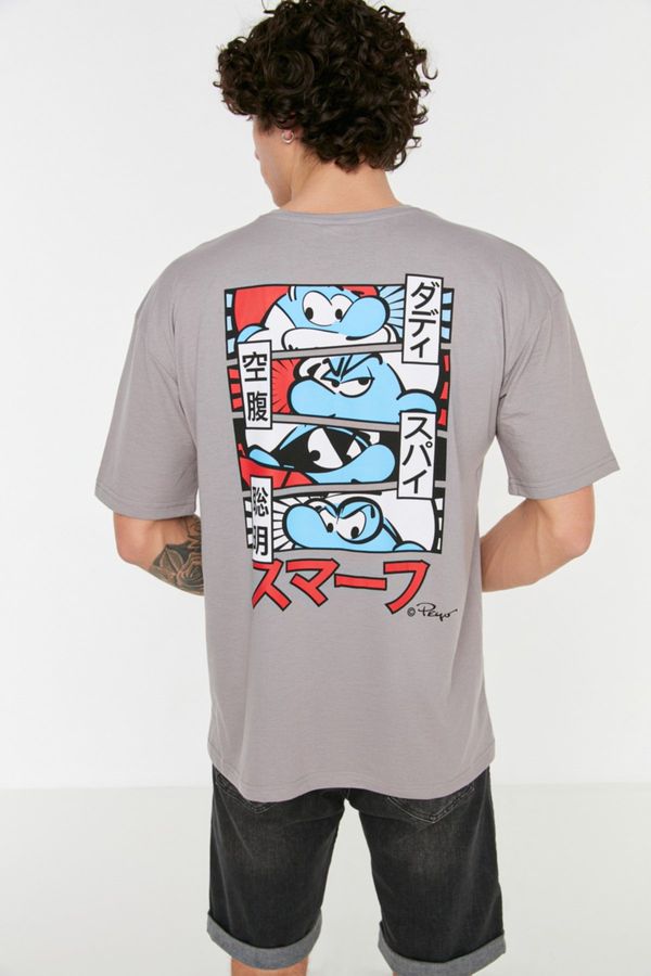 Trendyol Trendyol Gray Men's Relaxed Fit Crew Neck Short Sleeved The Smurfs Licensed Printed T-Shirt