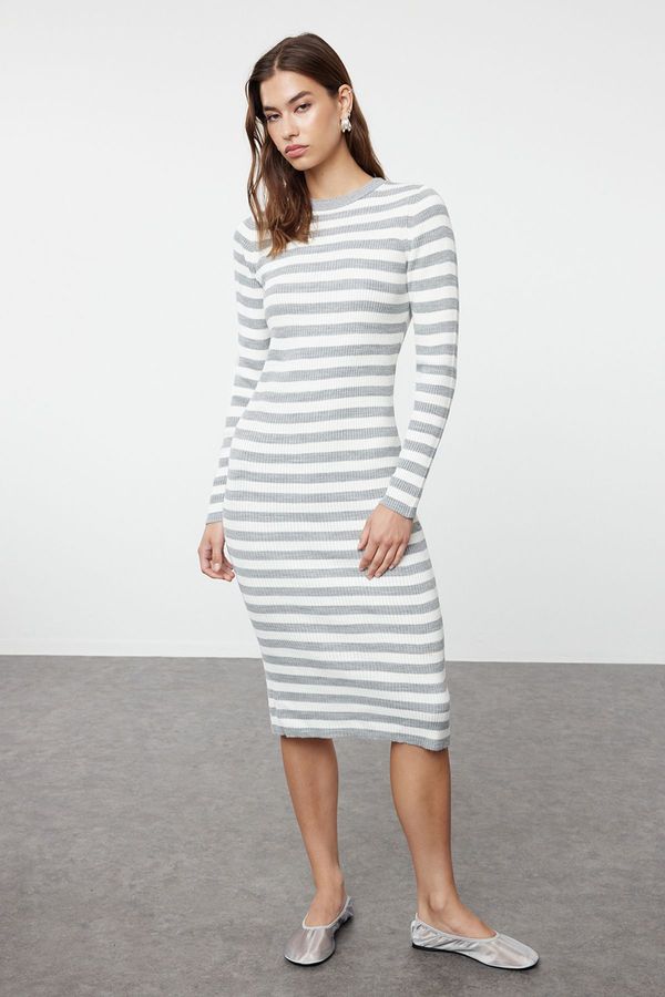 Trendyol Trendyol Gray Midi Knitwear Basic Striped Dress