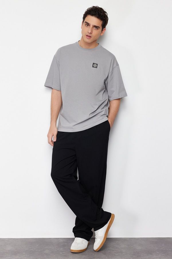 Trendyol Trendyol Gray Oversize Compass Label 100% Cotton T-Shirt