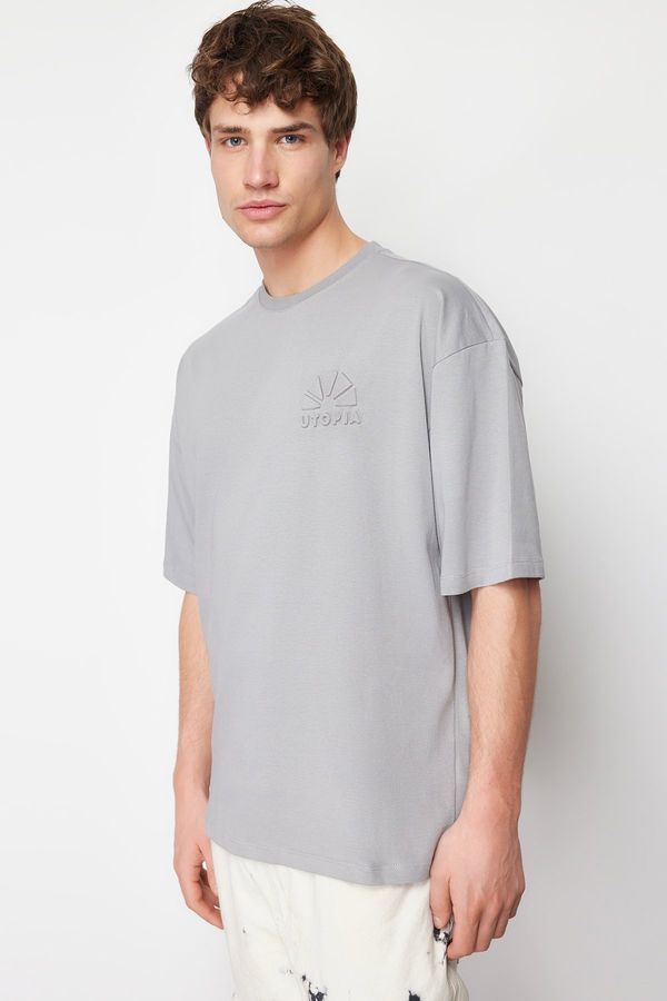 Trendyol Trendyol Gray Oversize Embossed Printed 100% Cotton T-Shirt