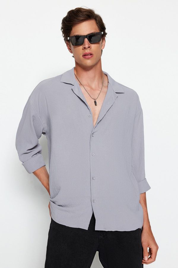 Trendyol Trendyol Gray Oversize Fit Apache Collar Summer Linen Look Shirt