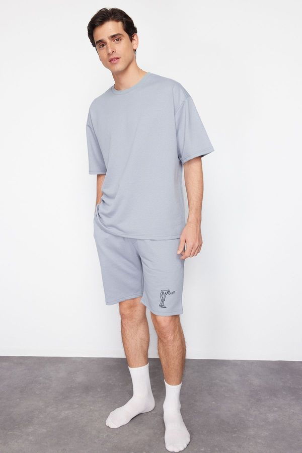 Trendyol Trendyol Gray Oversize Printed Knitted Pajama Set with Shorts