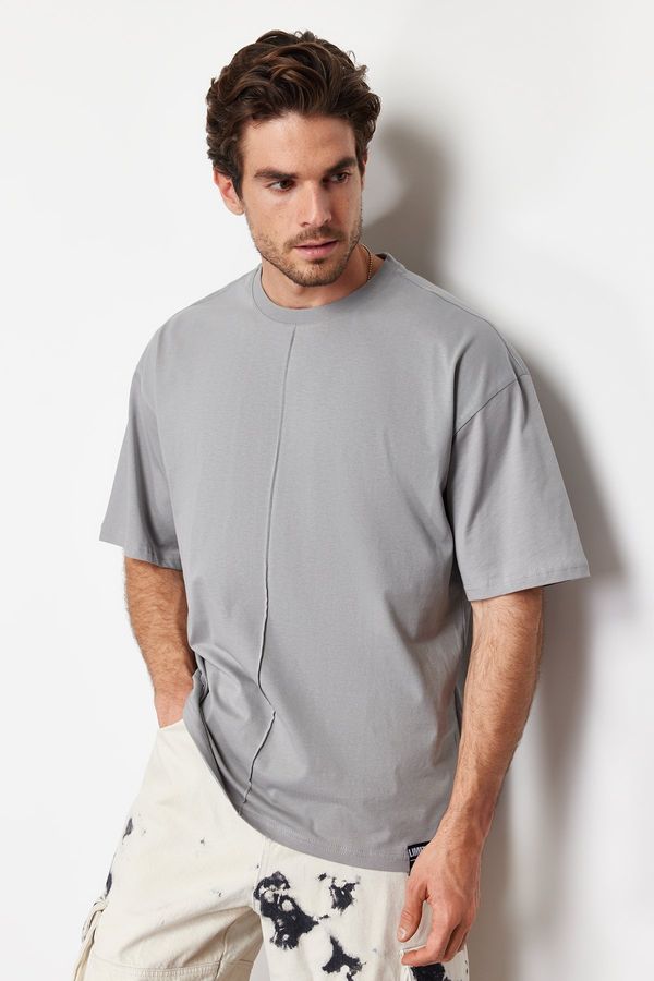 Trendyol Trendyol Gray Oversize Stitch Detail 100% Cotton T-Shirt