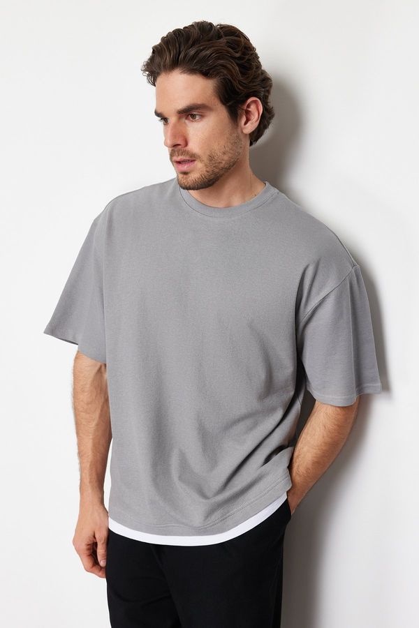 Trendyol Trendyol Gray Oversize Textured 100% Cotton T-Shirt with Piece Detail